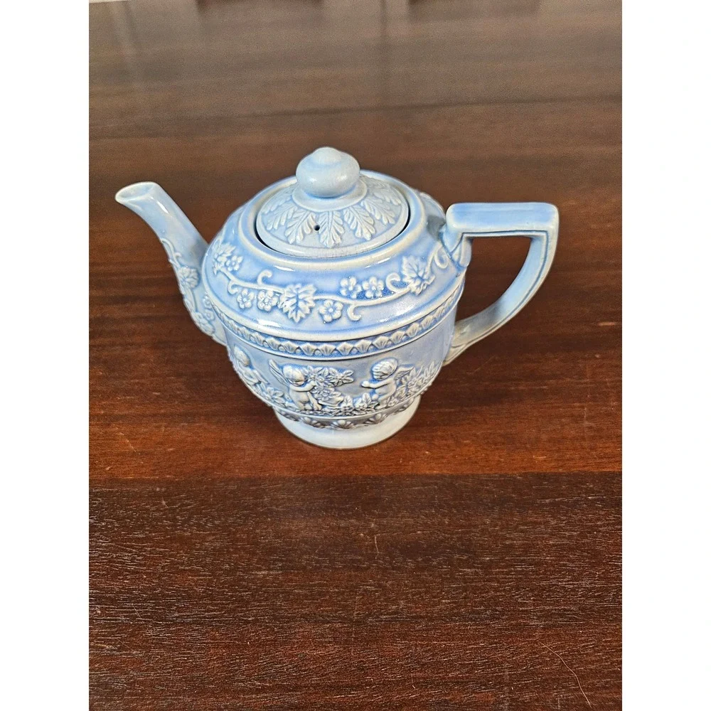 Teapot Unisex Small Blue Cherub Relief Floral Ceramic Made in Japan